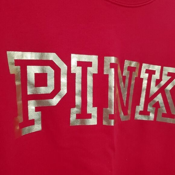 PINK VICTORIA'S SECRET Red Crewneck Sweatshirt with Gold Spellout Logo - Picture 2 of 4